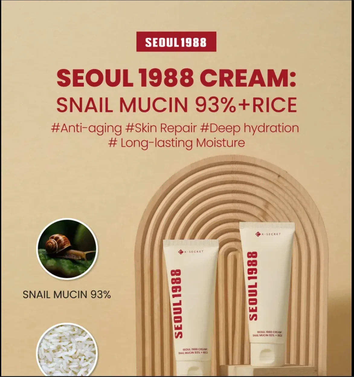 K-Secret Seoul 1988 Cream: Snail Mucin 93% + Rice (50ml) – Deep Hydration Glass Skin Moisturizer