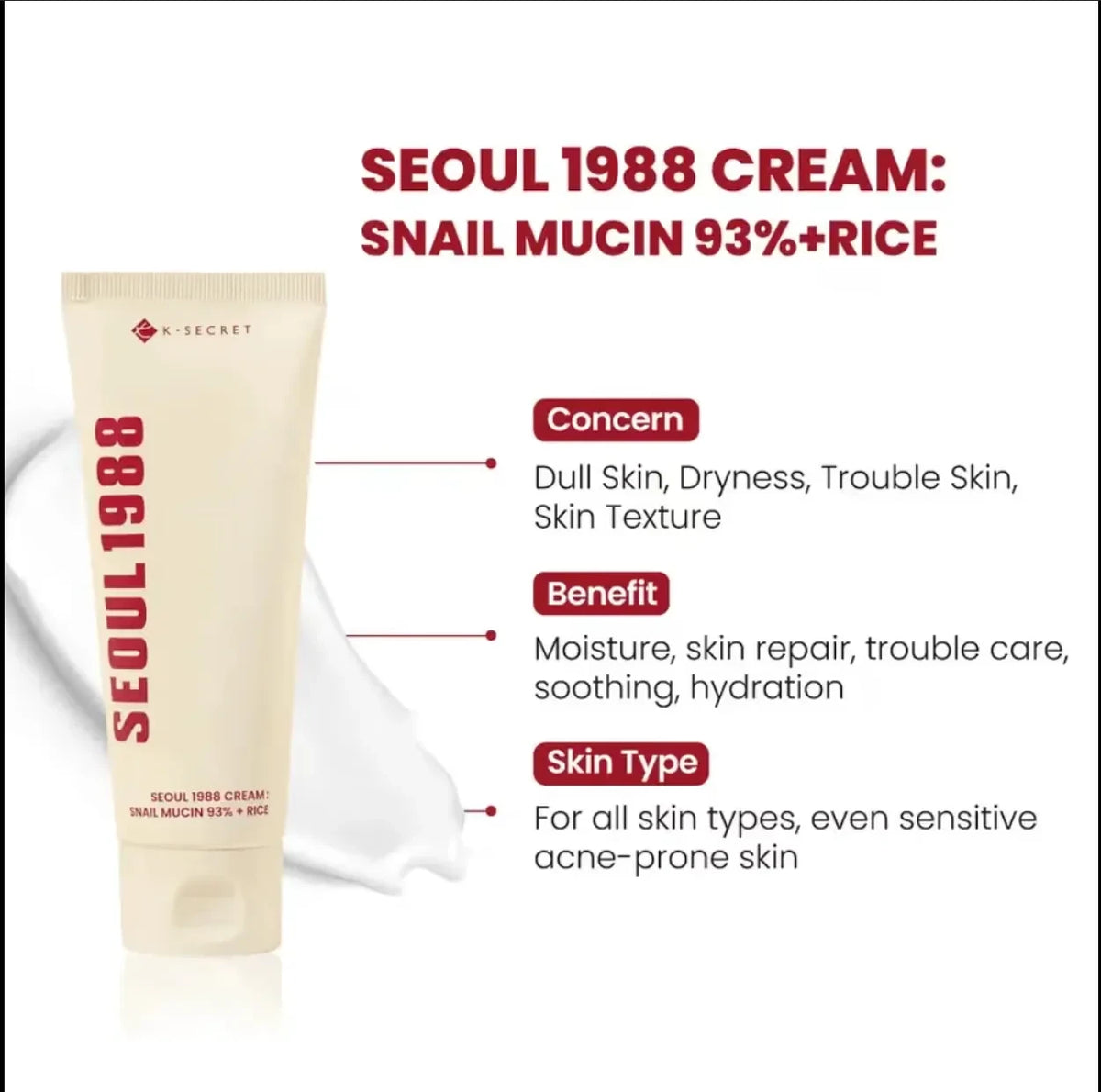 K-Secret Seoul 1988 Cream: Snail Mucin 93% + Rice (50ml) – Deep Hydration Glass Skin Moisturizer