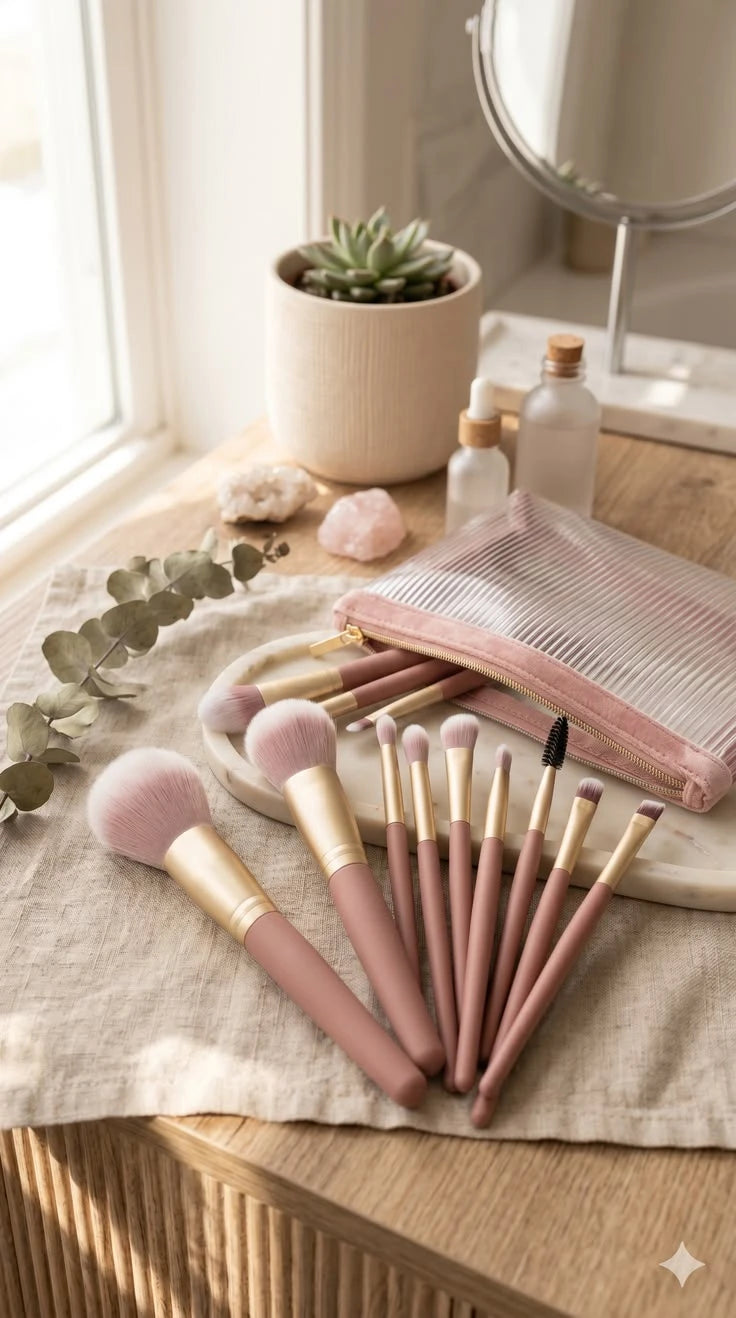 Xixi Makeup Brush Set with Travel Pouch - 4 Aesthetic Colors Cosmetic Kit
