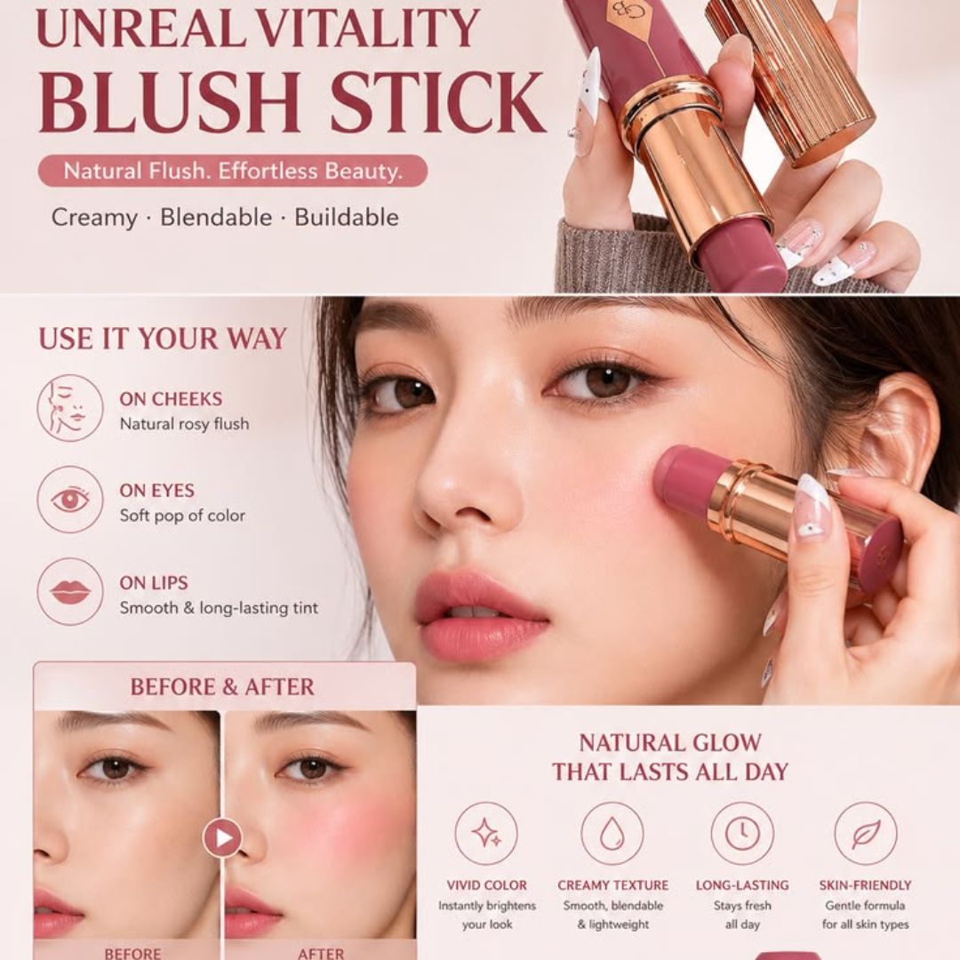 Beauty Glazed Soft Glow Radiance Cream Blush Stick (101 Sky Pink) - Long-Lasting Blendable Matte & Dewy Makeup Balm