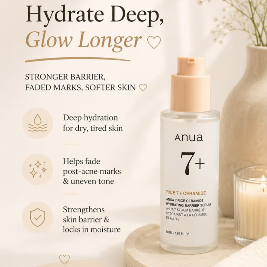Anua Rice 7 Ceramides Hydrating Barrier Serum 50ml - Deeply Moisturizing, Brightening & Barrier Repairing Face Serum