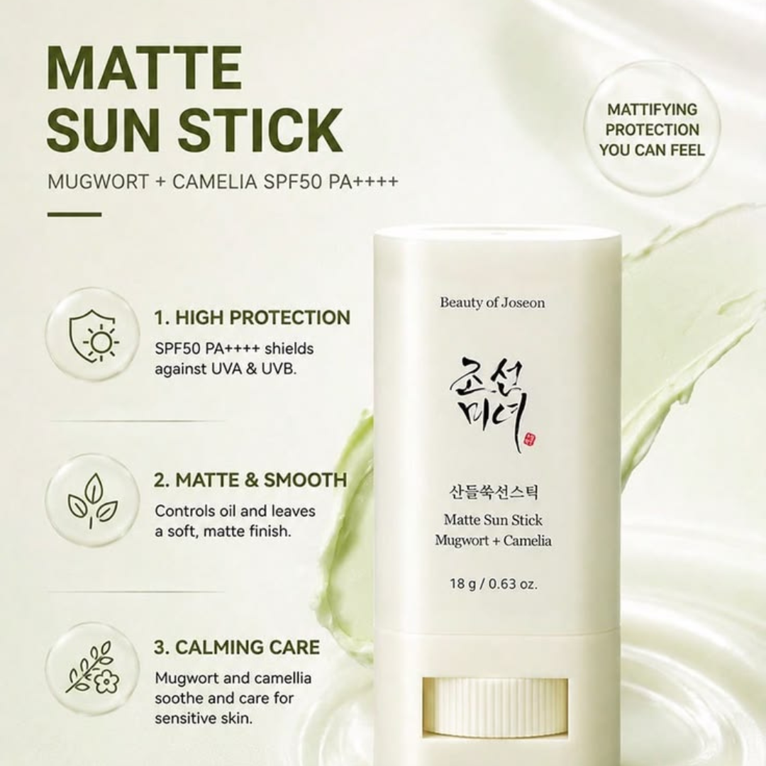 Beauty of Joseon Matte Sun Stick : Mugwort+Camelia SPF50+ PA++++ 18g - Oil-Control, Non-Greasy Matte Sunscreen Stick