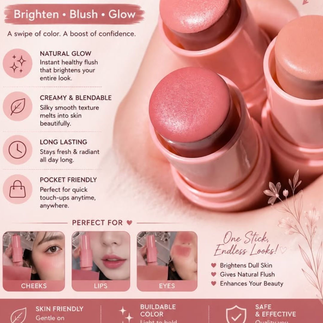 Beauty Glazed Soft Glow Radiance Cream Blush Stick - Long-Lasting Blendable Smooth Makeup Balm