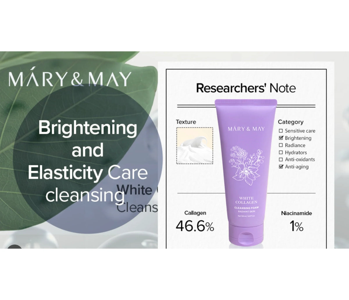 Mary & May White Collagen Cleansing Foam 150ml - Brightening & Firming Face Wash
